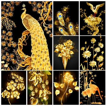 5D DIY Diamond Maľovanie Zlatý Páv Kvet Série Výšivky Mozaikové Umenie Obraz Plný Vrták Cross Stitch Súpravou, Obývacia Izba Dekor