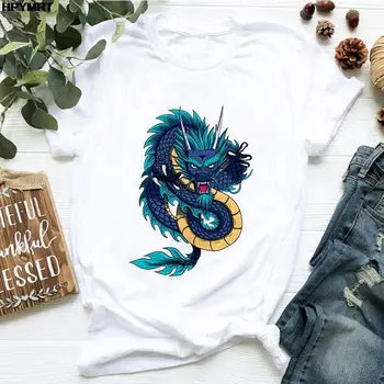 Čínsky drak tlač t-shirt dámy letné wild-krátke rukávy Harajuku grafické tričko ležérne Módne tričko Ženy Oblečenie Top