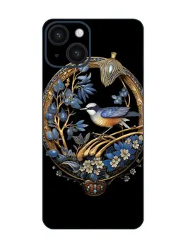 IPhone 14 Back ProtecTor Odtlačkový Film So Zložitým Blue Bird A Kvetinové Umelecké Diela, Šperky-Štýl Rám
