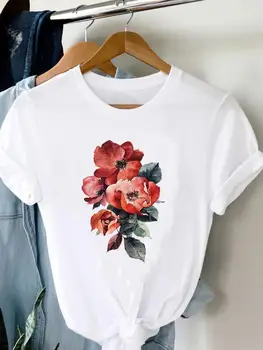 Kvet Akvarel Trend Roztomilý Ženy Lady Tlač Krátky Rukáv Oblečenie Móda Kreslené Tričká Tee Bežné Grafické T Hornej T-Shirt
