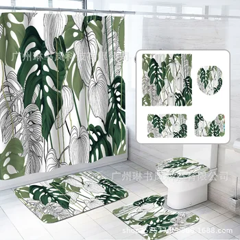 Tropické Listy Sprchový Záves Sady Zelená Palmových Listov Rastliny Kúpeľňa Decor Módne Non-Slip Koberec Vaňa Rohože Wc Veko Krytu