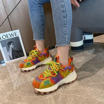 WTEMPO dámske Topánky Zodpovedajúce Dizajn Hrubé Dno Priedušná Rainbow Kontrast Farieb Zvyšovať Bežné Ženy Tenisky