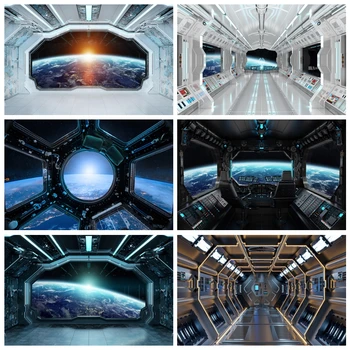 Loď Interiéru Pozadie Okna Na Planéte Zem, Vesmír Prieskum Sci-Fi Kozmickej Lode Fotografia V Pozadí