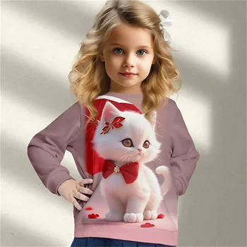 Nové dievča roztomilé plyšové mačka vzor 3D vytlačené s dlhým rukávom T-shirt 4-12 rokov starý vonkajšie nosenie dievča top detské módne oblečenie