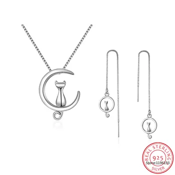 925 Sterling Silver Šperky Sady Roztomilý Mesiac Mačka Náhrdelník+Náušnice Bijoux De Prata Pre Ženy, Dievča, Darček