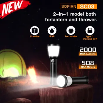 Sofirn SC03 Camping Svetlom 2v1 2000L Silný Blesk USB C Nabíjateľná 21700 Svietidlo Vonkajšie Pochodeň s Combo Bočné Svetlo