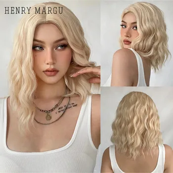 HENRY MARGU Platinum Blonde Krátke Kučeravé Syntetické Parochne Krátke Vlny Bob Vlasy, Parochne Stredná Časť Prírodné Vlasové Parochne žiaruvzdorné