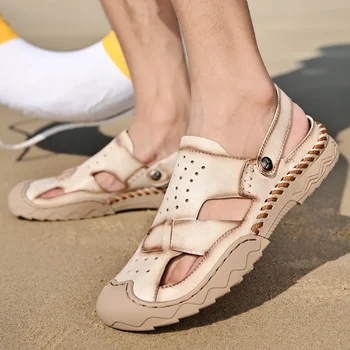 2023 Lete Baotou Sandále Muži Ručné Pravej Kože Bežné Sandále Non Slip Vonkajšie Pláži Dovolenku Chodiť Denné Dochádzanie Topánky