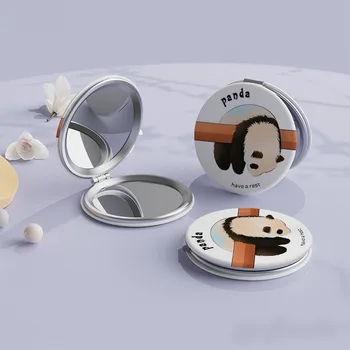 Roztomilá Panda Make-Up Zrkadlo Prenosný Obojstranný Skladací Kolo Kozmetické Zväčšovacie Zrkadlo Vrecku Kompaktný Márnosť Ručné Zrkadlá