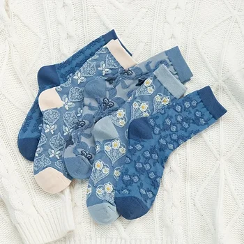 5 Párov Polovice Trubice Teľa Posádky Ponožky Ženy Roztomilý Retro Vyšívaný Kvetinový Bavlnené Ponožky 3D Kvetinový Tlač Ponožky Modrá Dizajnér Vintage