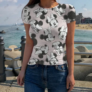 O Krk dámske Letné Kawaii Disney Minnie Mickey Mouse Tlač T-shirt Elegantné Tričko Krátky Rukáv Street Fashion Bežné T-shirt
