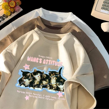 Čistá bavlna semiš Japonský retro mačka tlače krátke rukávy t-shirt mužov a ženy, páry voľné nadrozmerné t shirt y2k top kawaii