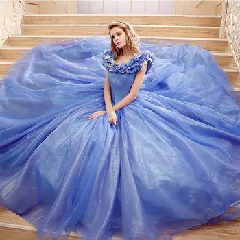 Fancy Popolušky Princezná plesové Šaty, Quinceanera Šaty Modrej Organza Ramena Sweety 15 anos Cleanance Prom Šaty
