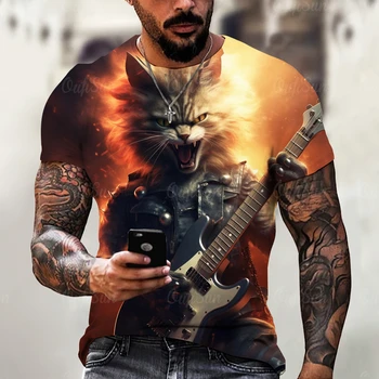 Vtipné Tričko Pre Mužov Lete Krátky Rukáv Zvierat T-Shirts Rock Mačka 3d Tlač Módne Bežné Ulici Nadrozmerné Oblečenie pre Mužov