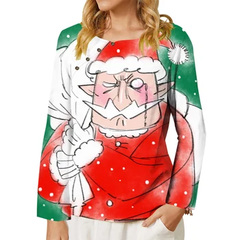CLOOCL Ženy T-shirt Cute Santa Claus Grafika 3D Vytlačené Tees Tlačidlo Zdobia Posádky Krku Dlhý Rukáv Topy Cartoon Oblečenie