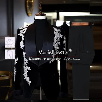 Luxusné Čierne pánske Obleky Appliques Sako Singel svojim Bunda Plus Veľkosť Najnovšie dizajnové 2 Kusy Kabát Nohavice Svadobné Tuxedos