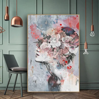 Akvarel Žene Kvety, Portrét Abstraktné Portrét olejomaľba na Plátne Plagáty a Tlačí na Steny Umenie Obrázok pre Obývacia Izba