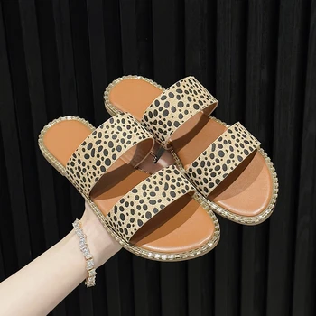 Topánky pre Ženy 2023 Letné Byt Papuče Leopard Tlač Papuče Outdoorové dámske Plážové Sandále Pantuflas De Mujer