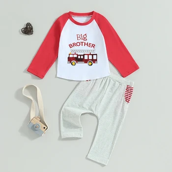 Baby Deti Chlapci 2-kus Oblečenie s Dlhým Rukávom Písmená Autobus Tlačiť T-shirt s Pruhované Nohavice Jeseň Oblečenie