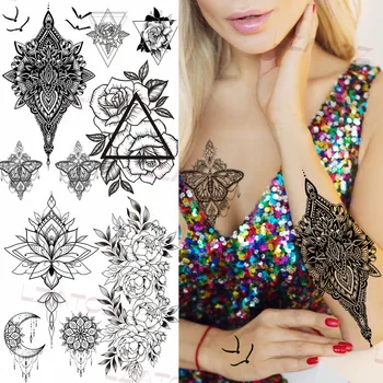 Geometrické Prívesok Motýľ Dočasné Tetovanie Pre Ženy, Dospelých Ruže, Pivónia Mesiac Lotus Falošné Tetovanie Nálepky Vlastné Sexy Tetovanie Umývateľný