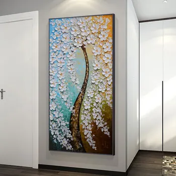 Moderné Abstraktné olejomaľba Na Plátne Textúra Paletu Nôž Zlato Biele Kvety Stromu Ručné olejomaľby pre x izba, obývacia izba Dekor