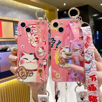 Ružová Cherry Blossom Šťastie Mačka Mäkké Zadný Kryt pre iPhone 14 Pro 13 Pro Max 12 Xsmax 11 Xr 8 Plus s ozdobná šnúrka na uniforme Proti Pádu Dievča Cas