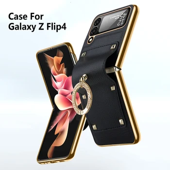Luxusné Kožené elektrolyticky pokrývajú Lesklý Rám, Kryt pre Samsung Galaxy Z Flip 4 3 Flip4 Nit Kovový Krúžok Držiak Celý Záves Späť Prípade
