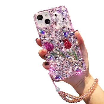 Luxusný 3D Butterfly Bling Rose Diamond Reťazca Mobilné puzdro pre IPhone 13 14 15 12 Pro Max