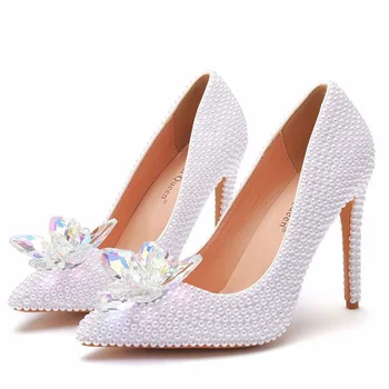Jar nové stiletto white pearl ukázal prst svadobné svadobné topánky sexy plytké ústa a spoločenské šaty plus veľkosť dámske sandále