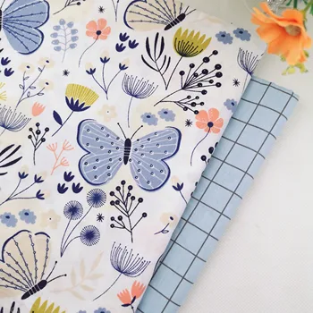 Blue Butterfly Mriežky Kvetinový Bavlnená Tkanina pre Hobby Ručné Patchwork Prešívanie Šitie Vankúšov Detská posteľná bielizeň dekoračné Materiály