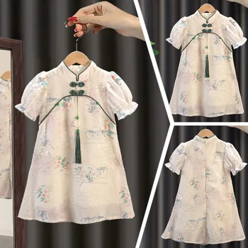 Sladký Štýl Vintage Hanfu Sukne Fahsion Krátky Rukáv Nádherné Výšivky Baby Girl Dress Dieťa Oblečenie