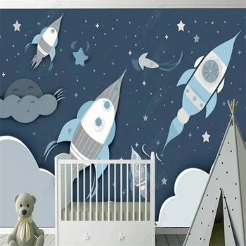 Karikatúra Roztomilý Sivá 3d Samolepiace nástenná maľba Raketa Priestoru Steny Papier Star Tapety pre Deti Miestnosti, detskej Izby, Dekorácie