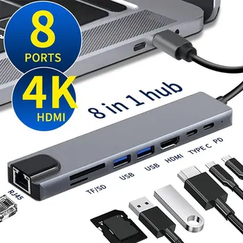 USB C Hub 8 V 1 Typ C 3.1 Až 4K Adaptér HDMI s RJ45 SD/TF Karty, Čítačky PD Rýchle Nabitie pre MacBook Notebook Prenosný Počítač