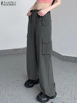ZANZEA 2023 Jar Jeseň Ženy Šnúrkou Nohavice Vintage Voľné Pracovné Pantalon Vrecku Žena kórejský Módne Nohavice Streetwear