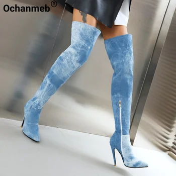 Ochanmeb Sexy Stiletto Blue Denim Jean Overknees Topánky Bočné Pol Zips, Super Tenké, Vysoké Podpätky Pointy Prst Dlhé Topánky Ženy 34-47