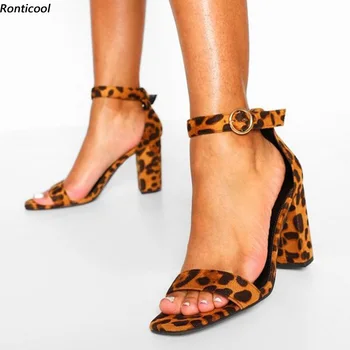 Ronticool Ručné Ženy Sandále Členok Popruh Umelý Semiš Blok Päty Kolo Prst Nádherný Leopard Strany Topánky NÁM Veľkosť 5-15