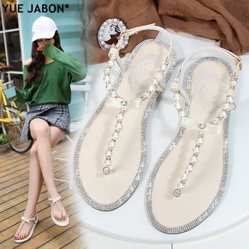 Ženy sandále 2021 nové letné topánky ploché pearl pohodlné sandále string perličiek pláži papuče bežné sandále ružová, biela, čierna