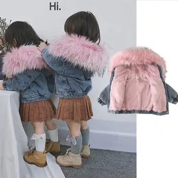 Fashion dievčatá zimné velvet bavlna coats deti denim kožušiny golier s kapucňou bundy batoľa zahustiť vrchné oblečenie topy 1-8Y Ws1110