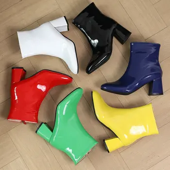 Veľká Veľkosť 48 49 50 Patent PU Kožené Zelená Žltá Zimné Topánky Pre Ženy Lesklé Námestie Robustný Vysoké Podpätky Teplé Členok Chelsea Topánky