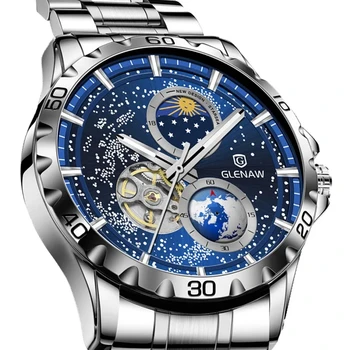 GLENAW Otáčanie Zeme Dvojité Druhej Strane Náramkové hodinky Mužov Automatické Mechanické Hodinky Hviezdne Nebo Nehrdzavejúcej Ocele a Kožené Watchband
