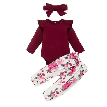 3ks Dieťa Novorodenca Dievča Oblečenie s dlhým rukávom prehrabať Romper +kvetinový Dlhé Nohavice +hlavový most Oblečenie oblečenie set
