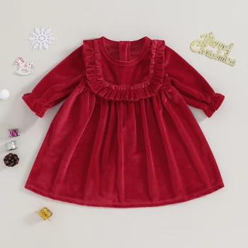 Deti Dievča Vianočné Šaty Farbou Dlhé Rukávy Velvet A-Line Party Šaty pre Batoľa Detská Jarné Oblečenie