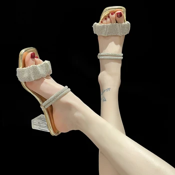 Letné Štvorcové Prst Plytké Úst Drahokamu Zdobené Módne Sandále Elegantné, Sexy Bežné Vysokým Podpätkom Papuče Topánky Pre Ženy