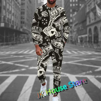 Mužov, 2 Ks Tepláková súprava Activewear 3D Poker Tlač Dlhý Rukáv T Shirt Nastaviť Ulici Bežné Plus Veľkosti Mužskej T Shirt Nastaviť Oblečenie