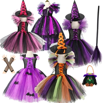 Dievčatá Halloween Cosplay Kostým Čarodejnice Deti Karneval Vestidos Strany Dieťa Čarodejnice Maškarný Oblečenie Set Taška Klobúk