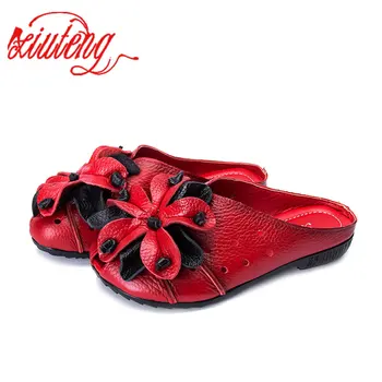 Xiuteng 2020 Žena Originálne Kožené Topánky Pre Ženy Papuče Slip-On Vonkajšie Papuče dámske Topánky Byt s Sandále Kvetinový