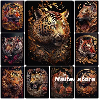 Plné Námestie Kolo Výšivky DIY Diamond Maľovanie Cross Stitch Vŕtať Zlaté Umenie Tiger Tvár & Kvety Obraz Kamienkami