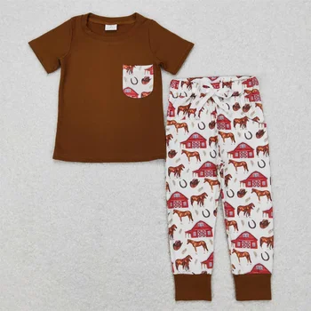 Veľkoobchod chlapčeka Oblečenie Toddle Bavlna Krátke Rukávy T-shirt Deti Farmy Koní Vrecku Nohavice Infant Deti Jar Jeseň Nastaviť