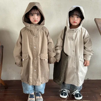 Jeseň Deti móda nadrozmerné kapucňou výkopu Bundy dlhé štýl Outwear Chlapci a dievčatá voľné bavlna bežné zips Coats