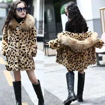  Dievčatá Dlho Leopard Tlač Umelú Kožušinu Kabát s Kapucňou Deti Teplé, Hrubé Zimné Oblečenie Detí podkolienok Noriek Kabát Windbreaker